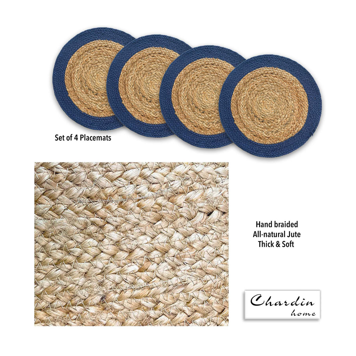 VERONA ROUND BORDER PLACEMATS SET OF 4, NAT-NAVY, 15''x15''