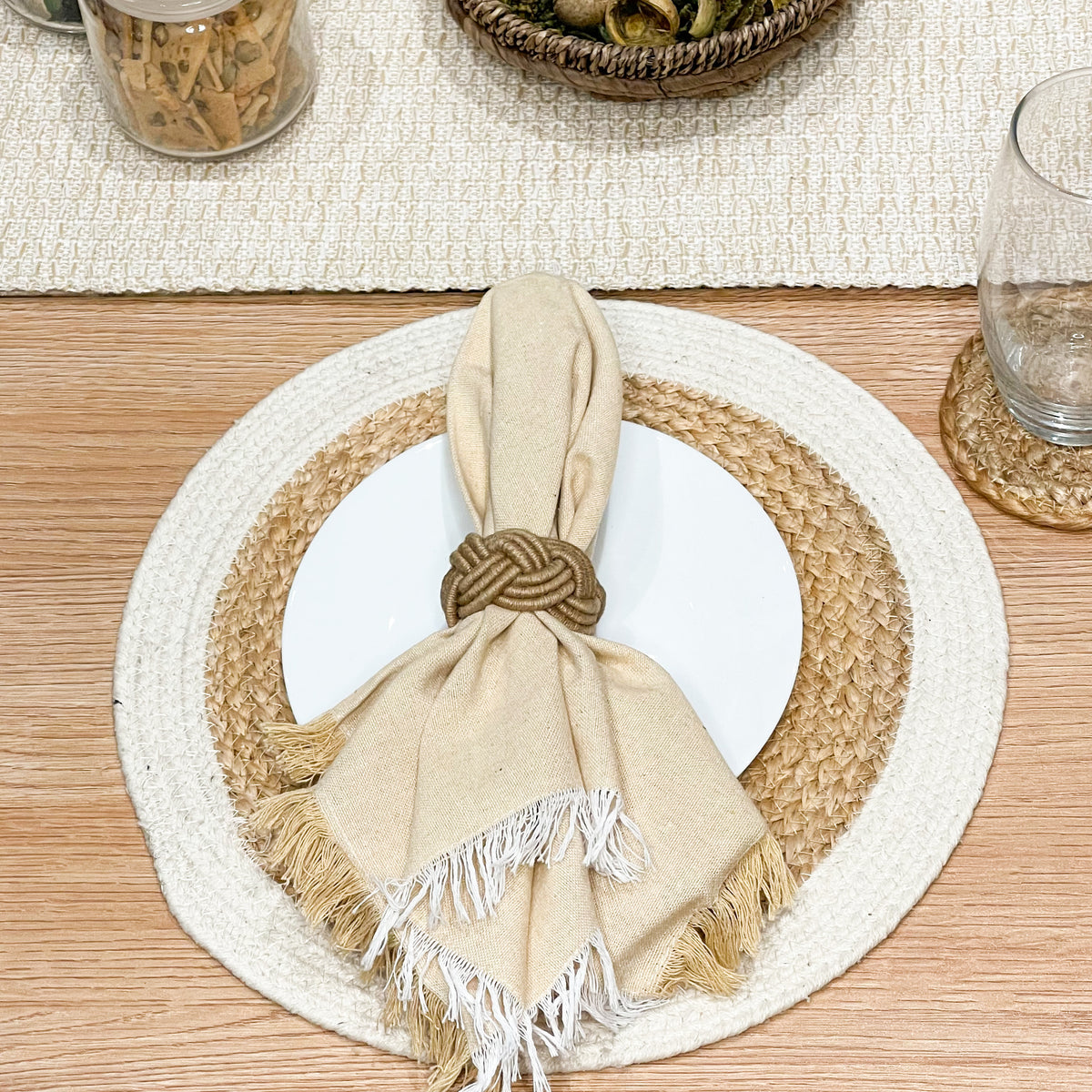 Verona Round Border Placemats Set Of 4 - Natural/Aqua Blue, 13" Rnd.