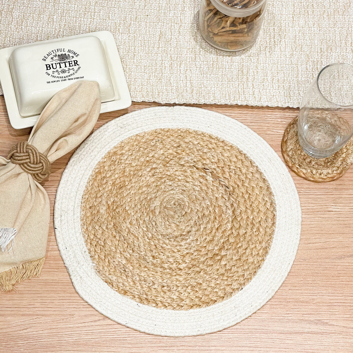 Verona Round Border Placemats Set Of 4 - Natural/Aqua Blue, 13" Rnd.