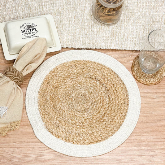 Verona Round Border Placemats Set Of 4 - Natural/Aqua Blue, 13" Rnd.
