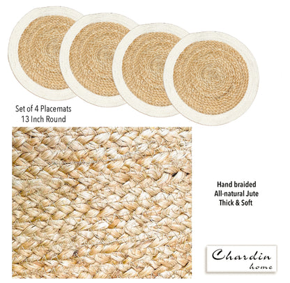 Verona Round Border Placemats Set Of 4 - Natural/Aqua Blue, 13" Rnd.