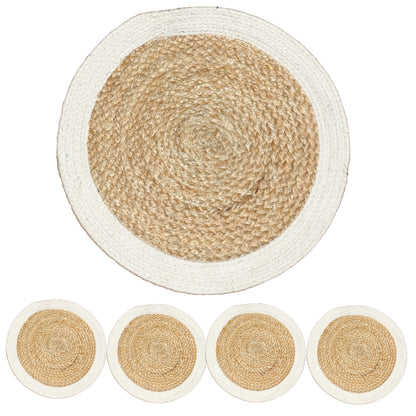 Verona Round Border Placemats Set Of 4 - Natural/Aqua Blue, 13" Rnd.