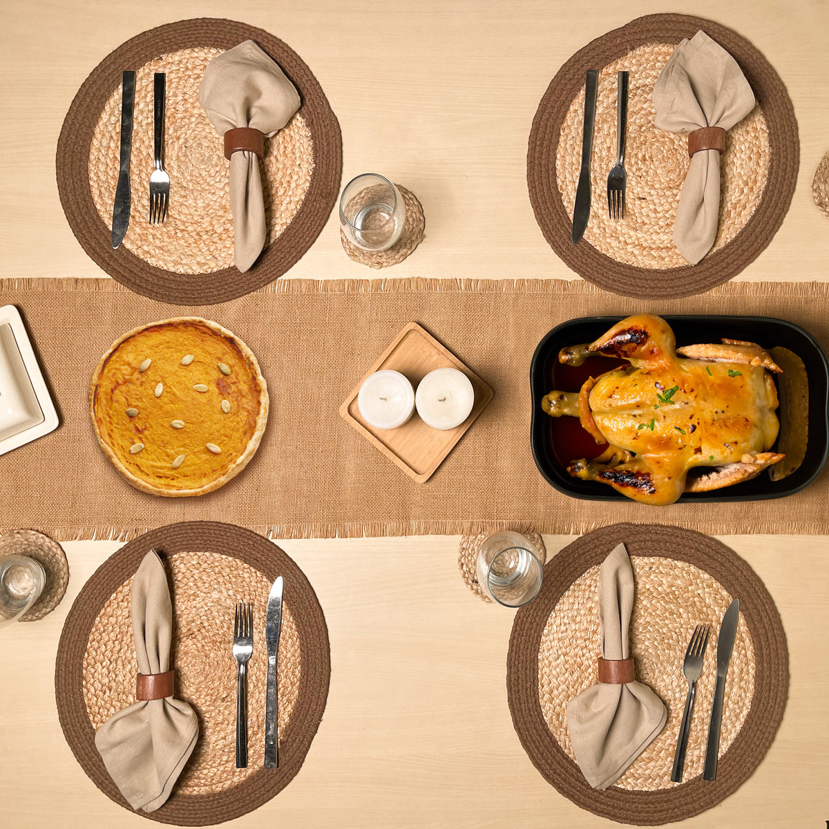 Verona Round Border Placemats Set Of 4 - Natural/Brown, 14" Rnd.