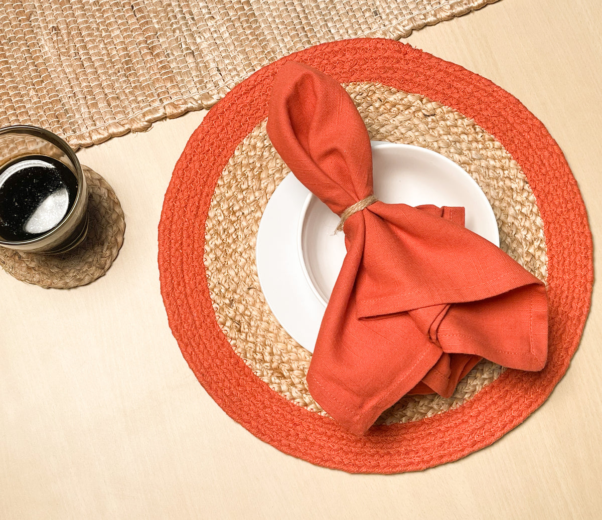 Verona Round Border Placemats Set Of 4 - Natural/Orange, 13" Rnd.