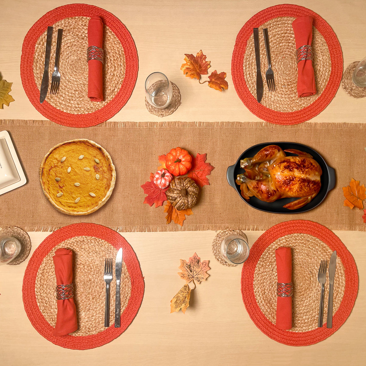 Verona Round Border Placemats Set Of 4 - Natural/Orange, 13" Rnd.
