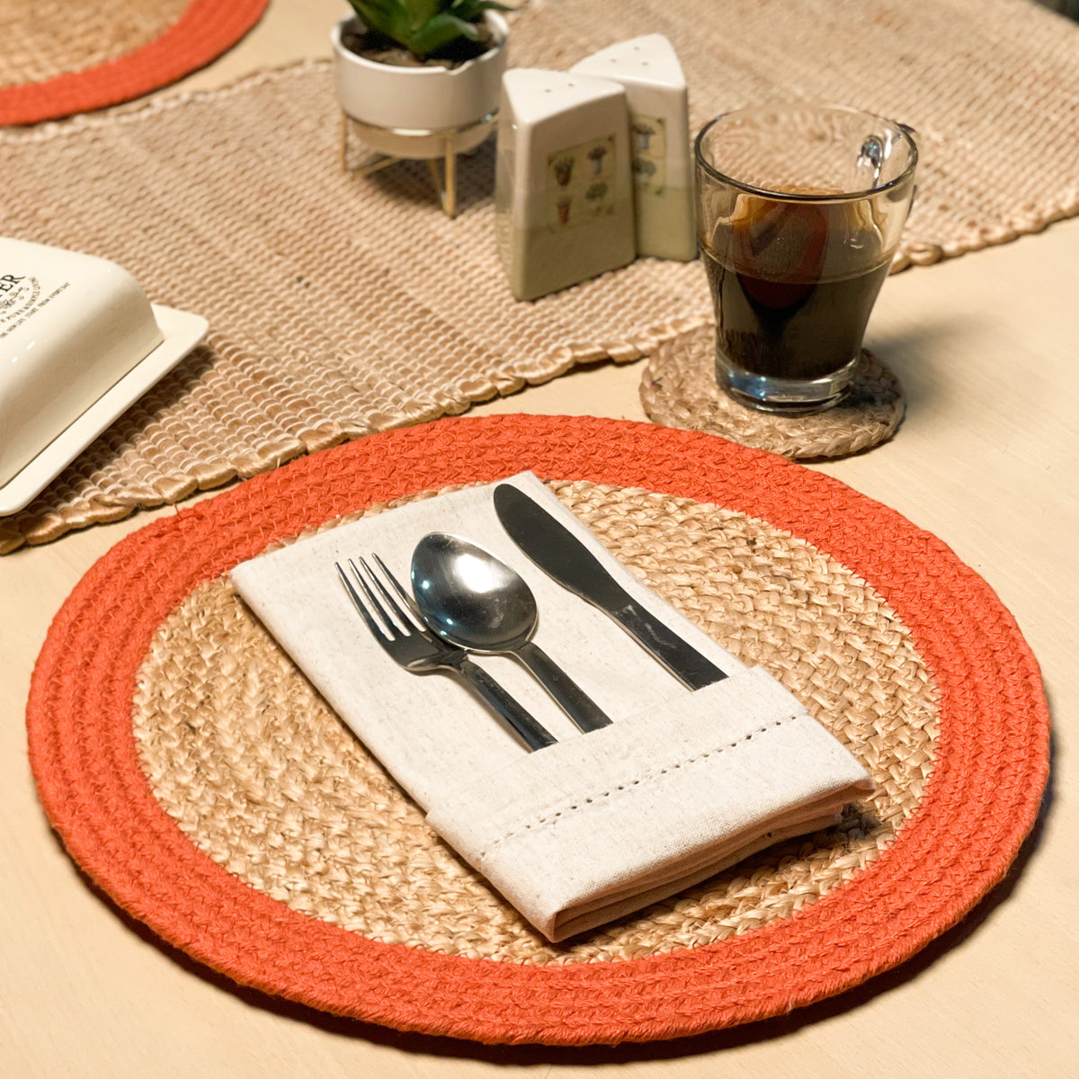 Verona Round Border Placemats Set Of 4 - Natural/Orange, 13" Rnd.
