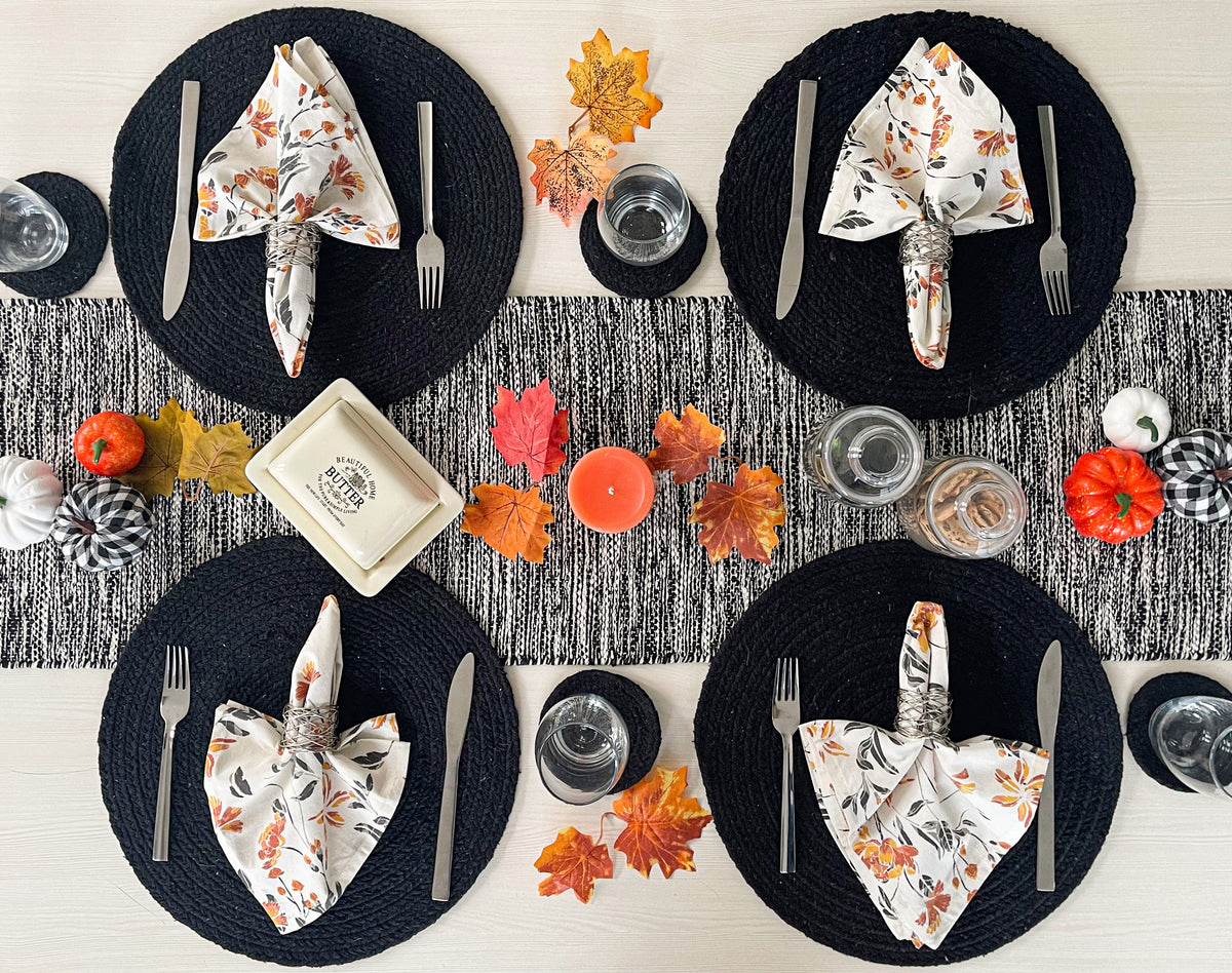 COTTON BRAIDED ROUND PLACEMATS SET OF 4, BLACK, 15''x15''