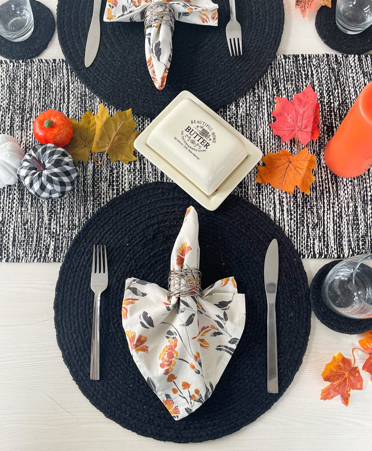 COTTON BRAIDED ROUND PLACEMATS SET OF 4, BLACK, 15''x15''
