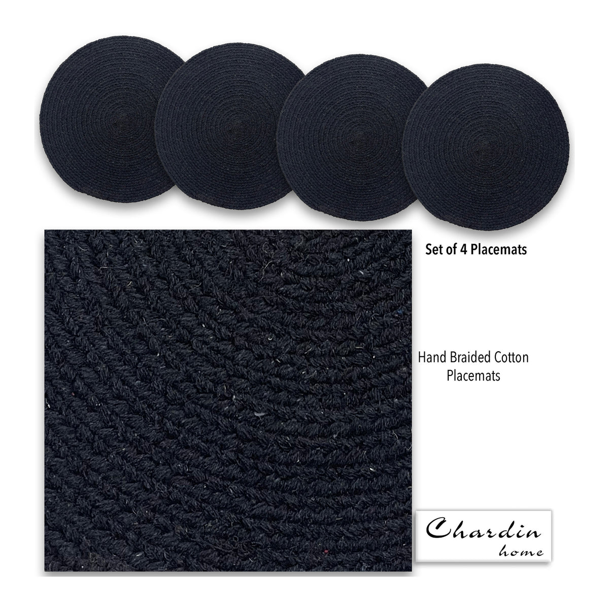 COTTON BRAIDED ROUND PLACEMATS SET OF 4, BLACK, 15''x15''