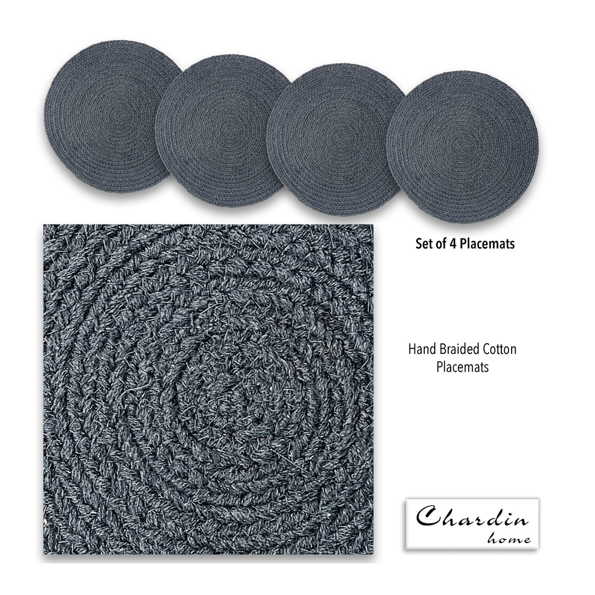 COTTON BRAIDED ROUND PLACEMATS SET OF 4, CHARCOAL, 15'‰۪x15''