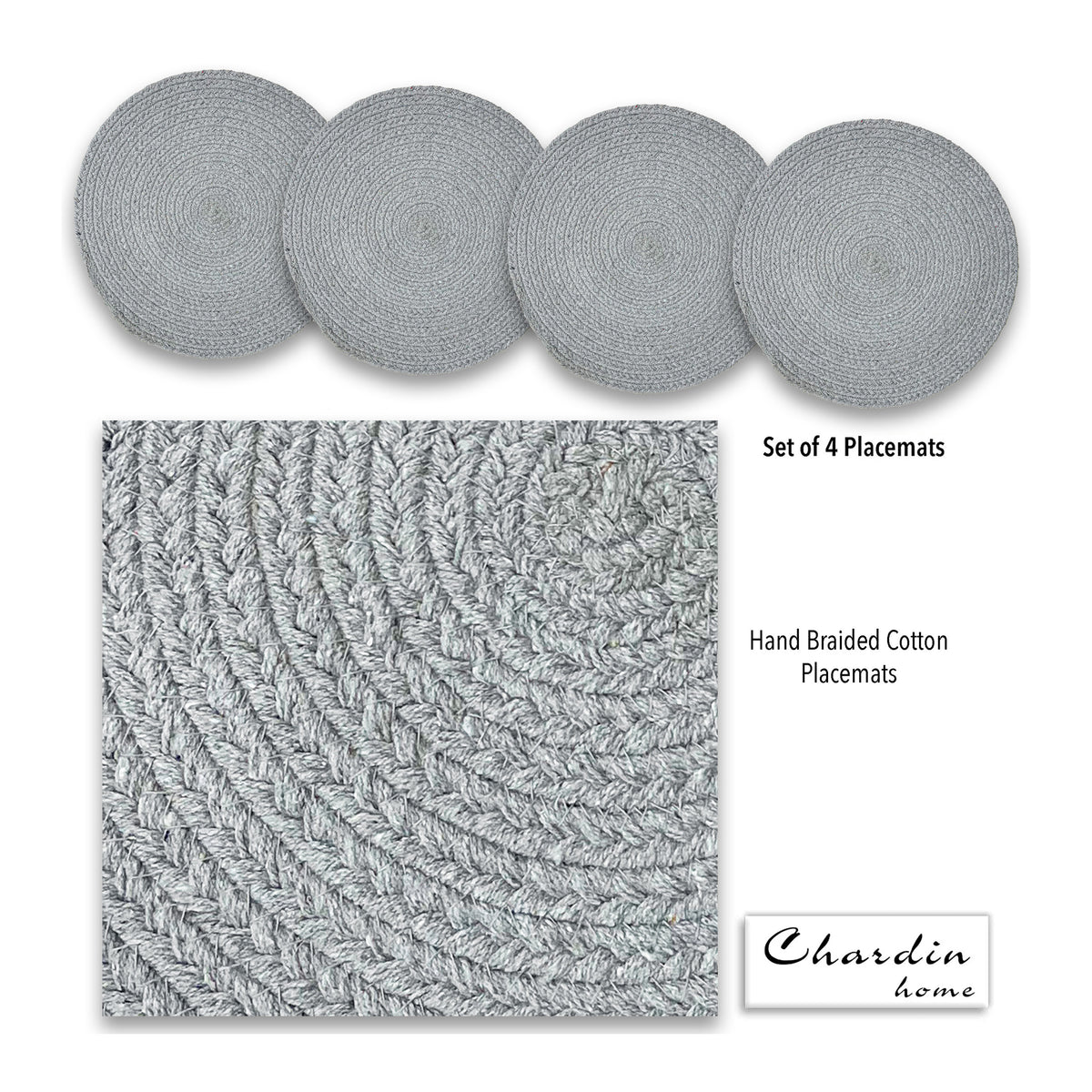 COTTON BRAIDED ROUND PLACEMATS SET OF 4, LT. GREY, 15''x15''
