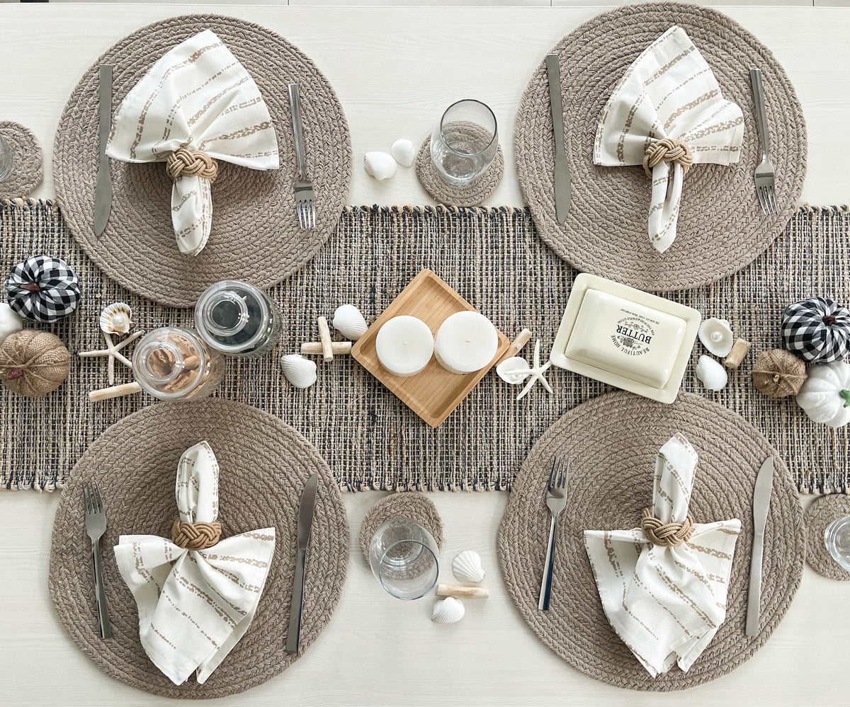 COTTON BRAIDED ROUND PLACEMATS SET OF 4, BEIGE, 15''x15''
