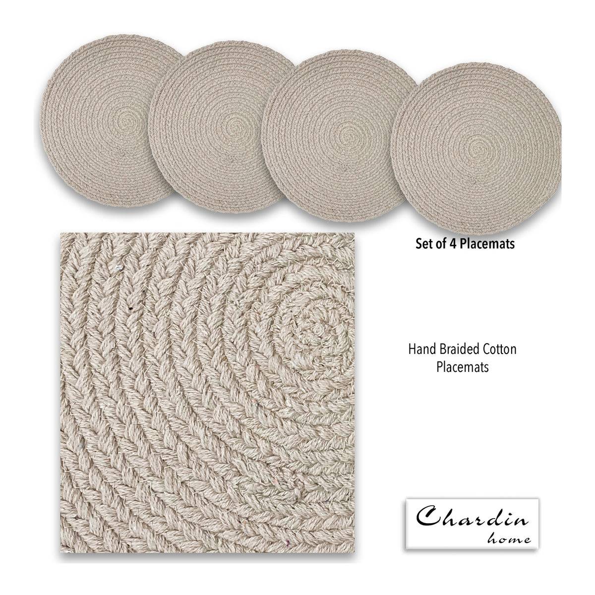 COTTON BRAIDED ROUND PLACEMATS SET OF 4, BEIGE, 15''x15''