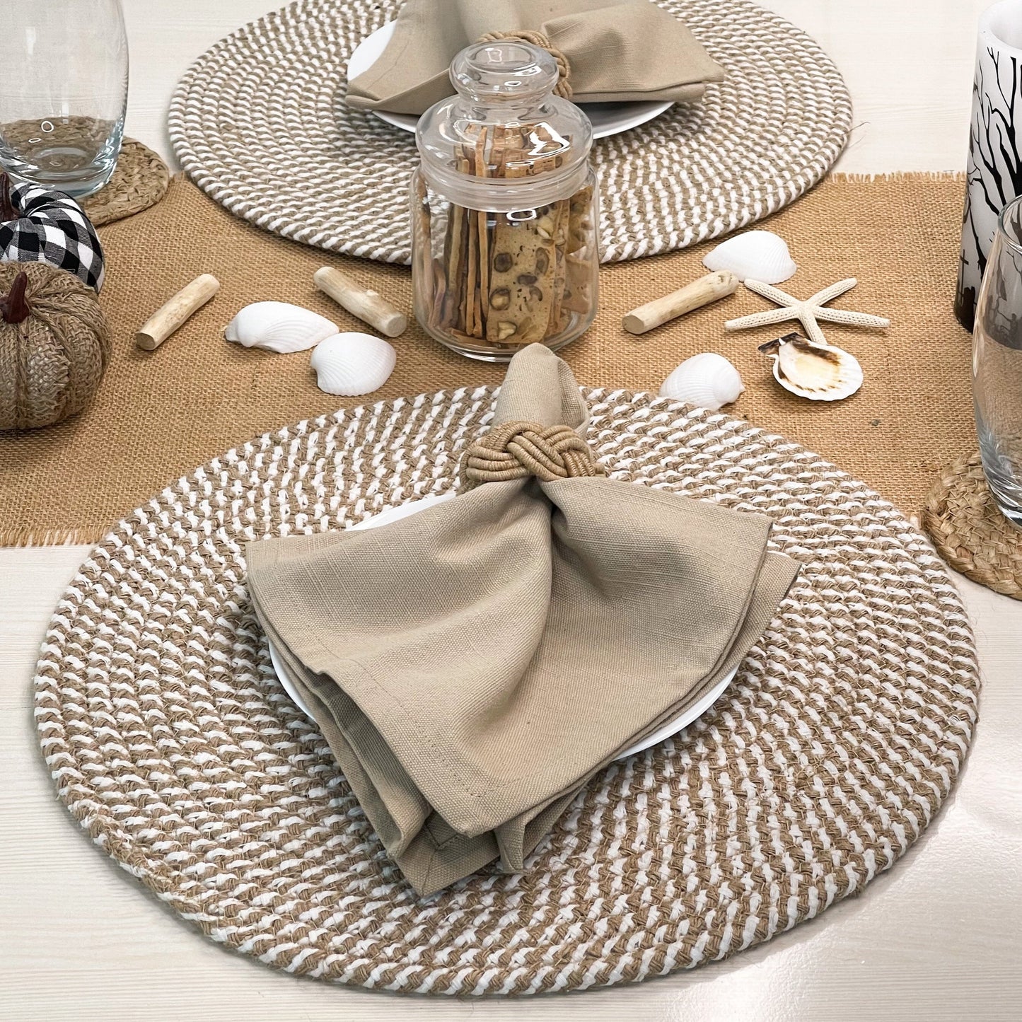 JUTE/COTTON ROUND PLACEMATS SET OF 4, NAT-WHITE, 15''x15''