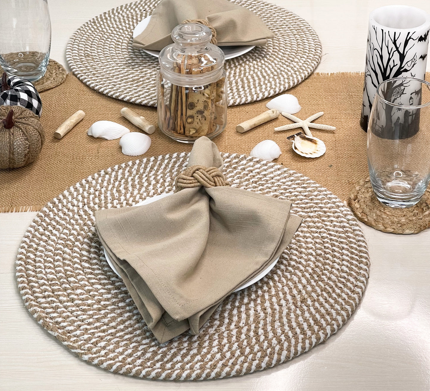 JUTE/COTTON ROUND PLACEMATS SET OF 4, NAT-WHITE, 13''x13''