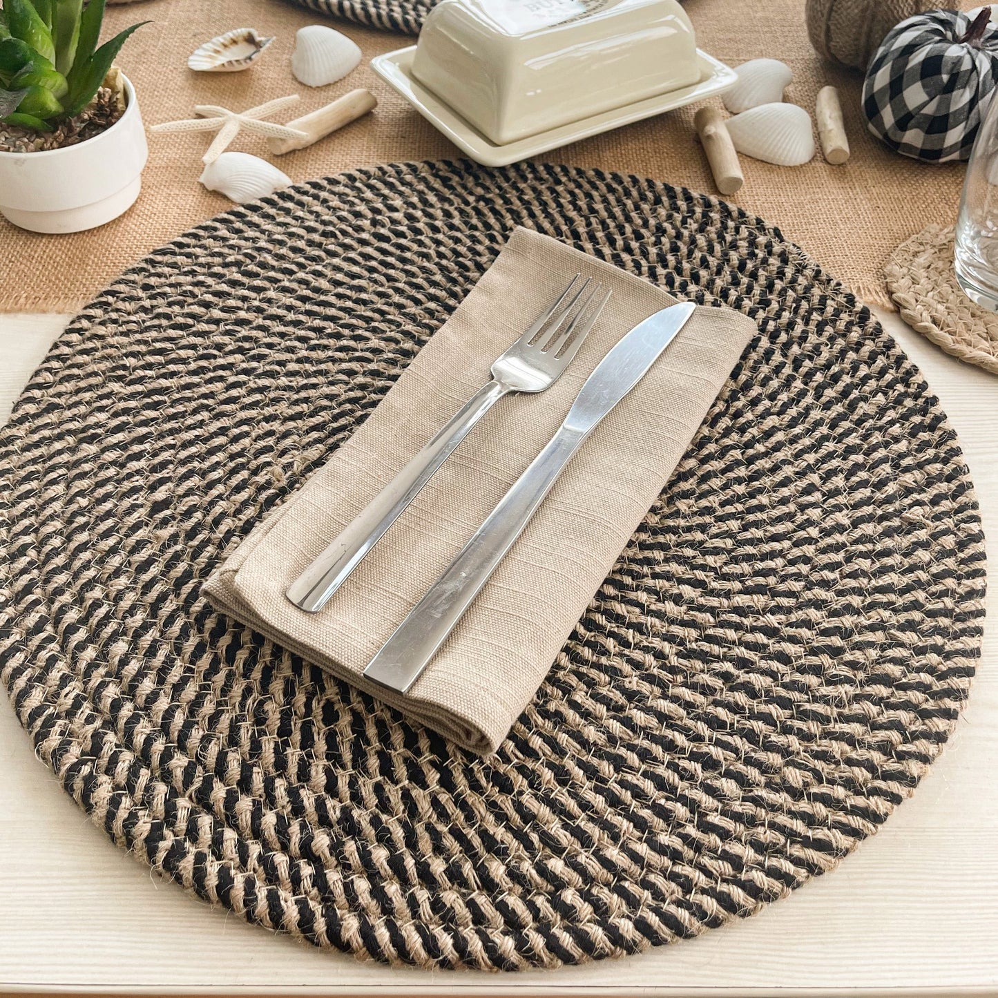 JUTE/COTTON ROUND PLACEMATS SET OF 4, NAT-BLACK, 15''x15''