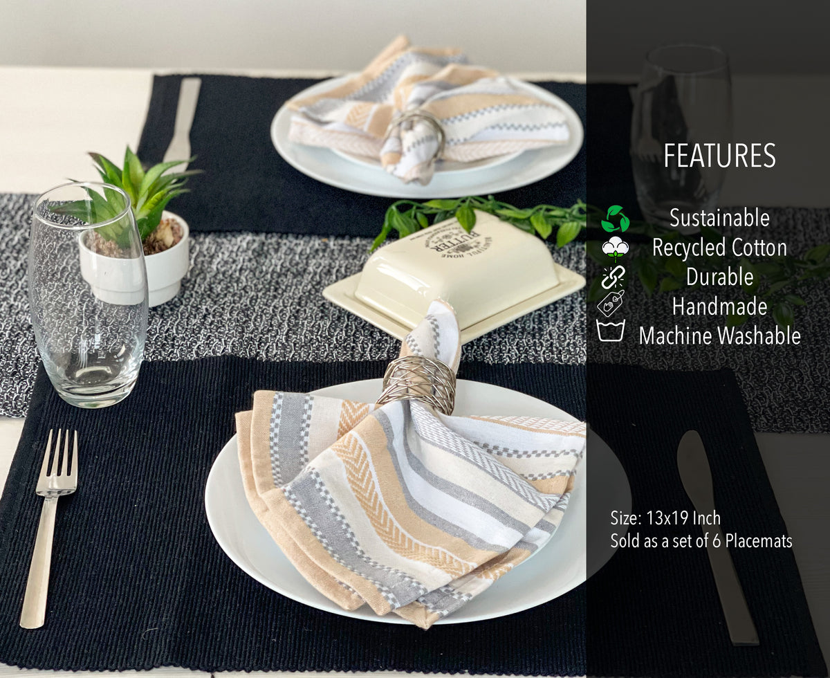 CLASSIC RIBBED PLACEMATS SET OF 6, 13''x19'', Black