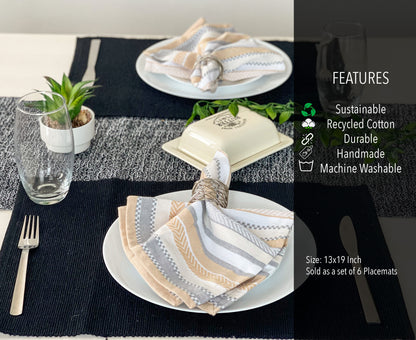 CLASSIC RIBBED PLACEMATS SET OF 6, 13''x19'', Black