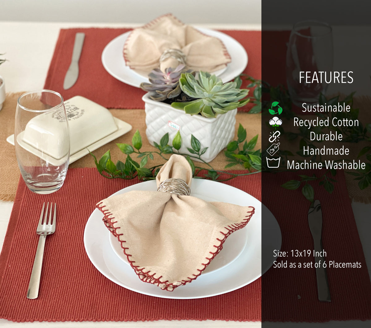 CLASSIC RIBBED PLACEMATS SET OF 6, 13''x19'', Rust