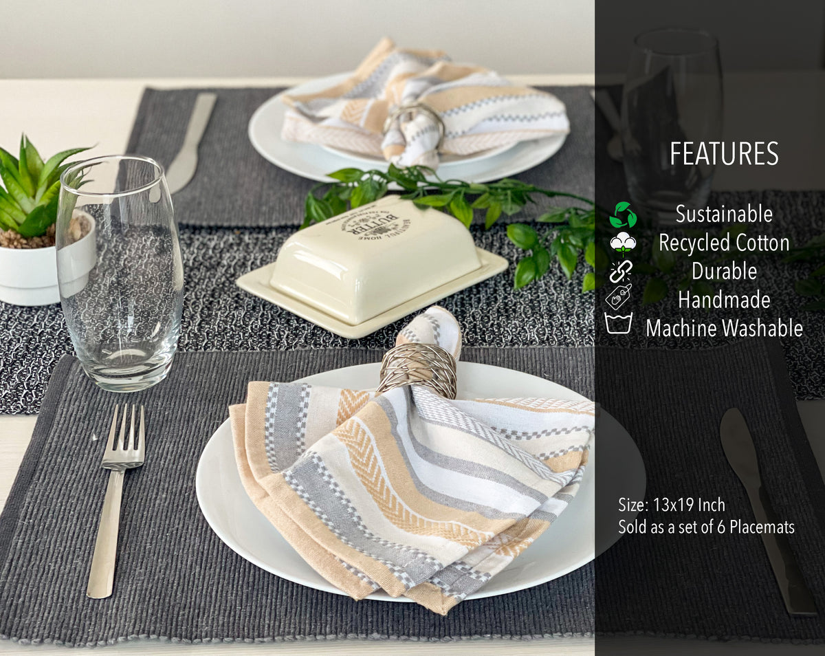 CLASSIC RIBBED PLACEMATS SET OF 6, 13''x19'', Grey