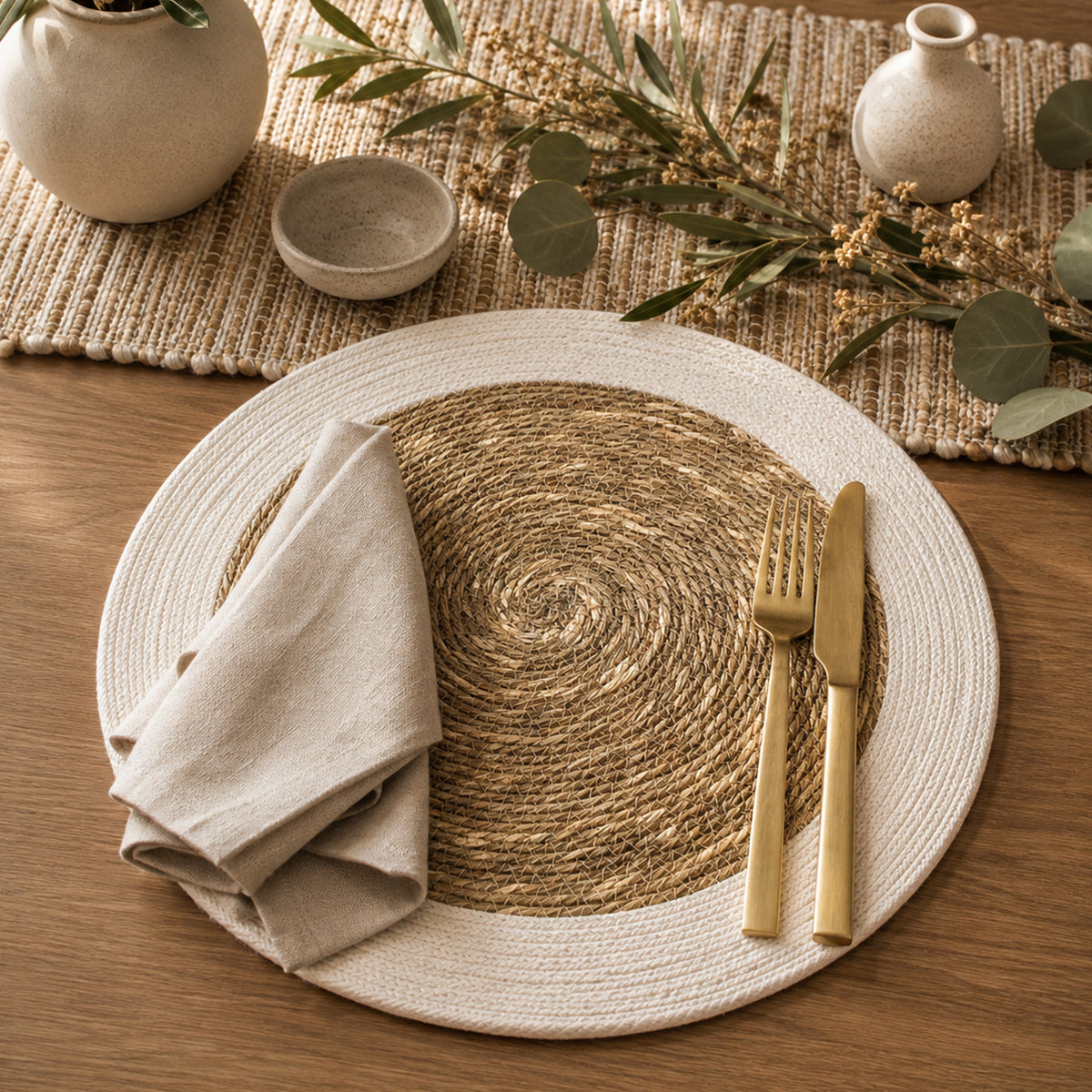 Seagrass Border Placemat Set of 4 - Natural-Ivory, 14'' Rnd.