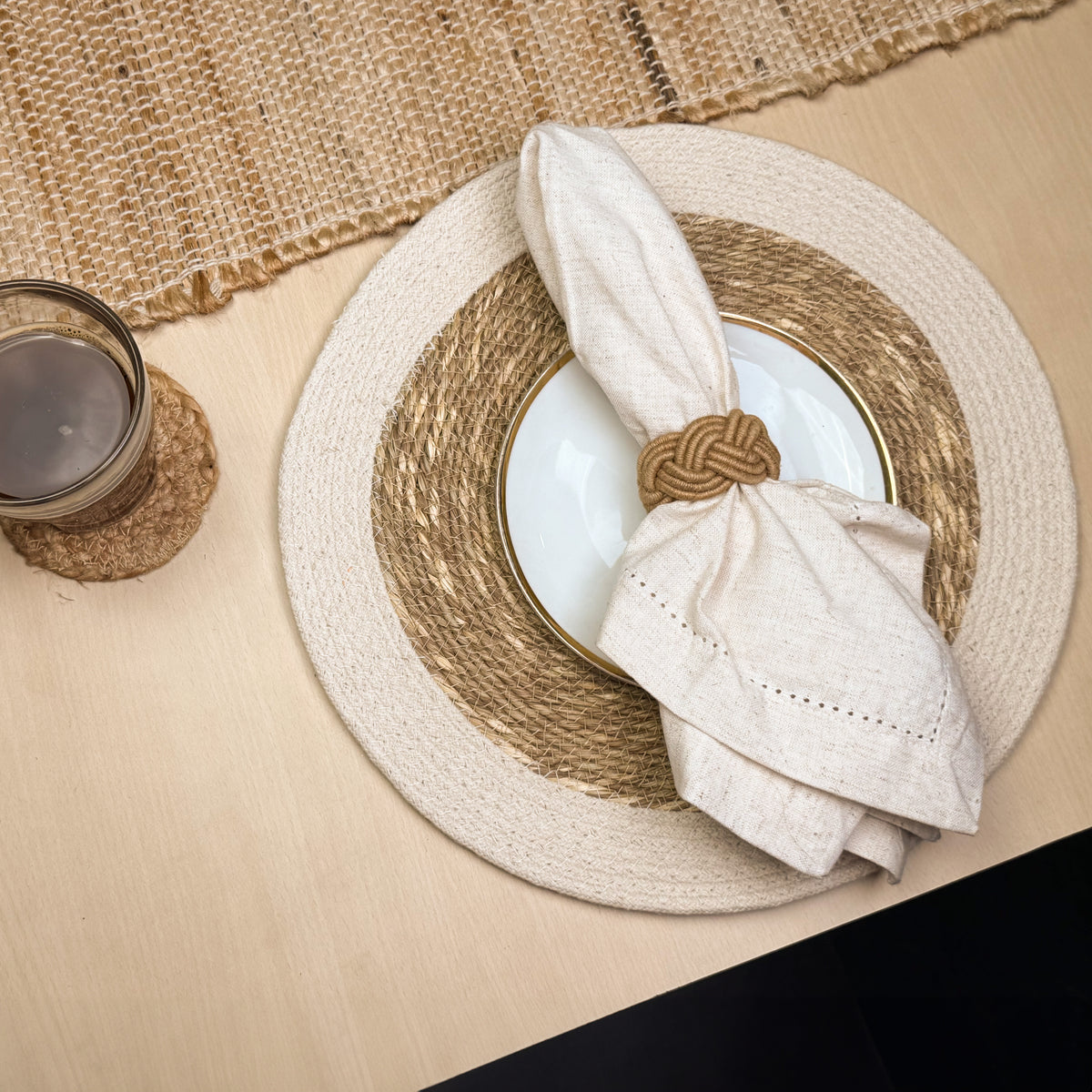 Seagrass Border Placemat Set of 4 - Natural-Ivory, 14'' Rnd.