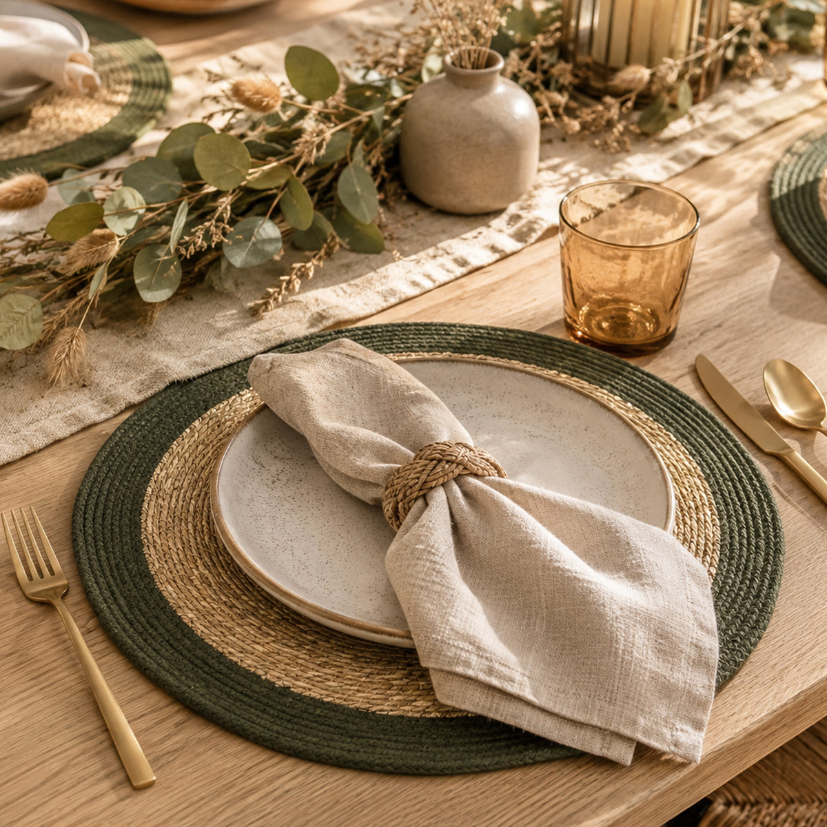 Seagrass Border Placemat Set of 4 - Natural-Green, 14'' Rnd.