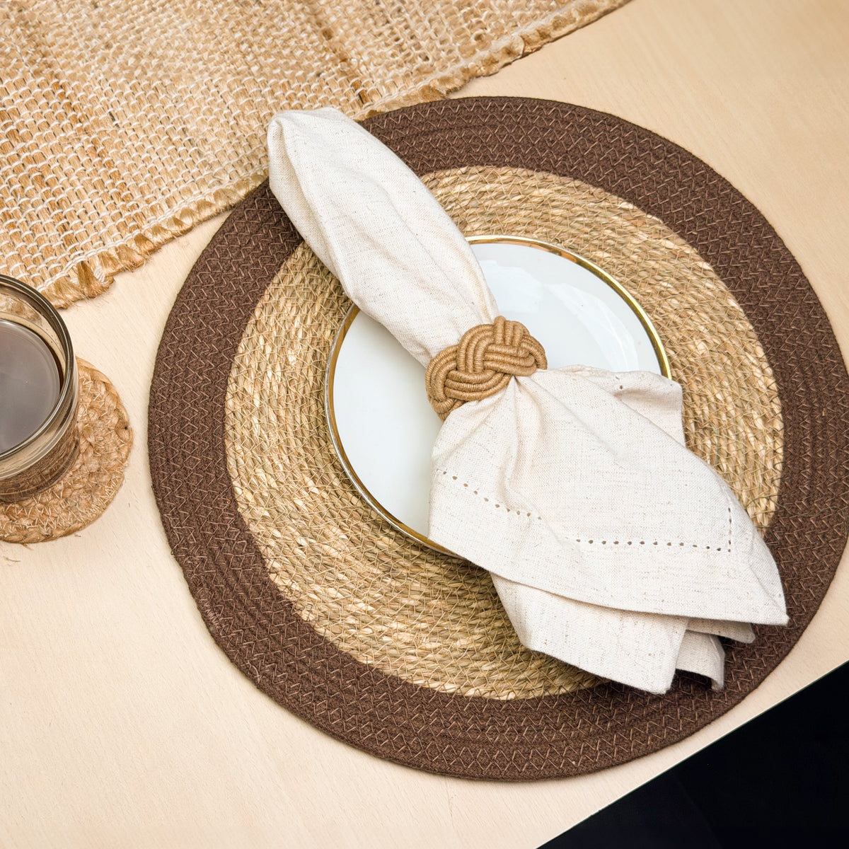 Seagrass Border Placemat Set of 4 - Natural-Brown, 14'' Rnd.
