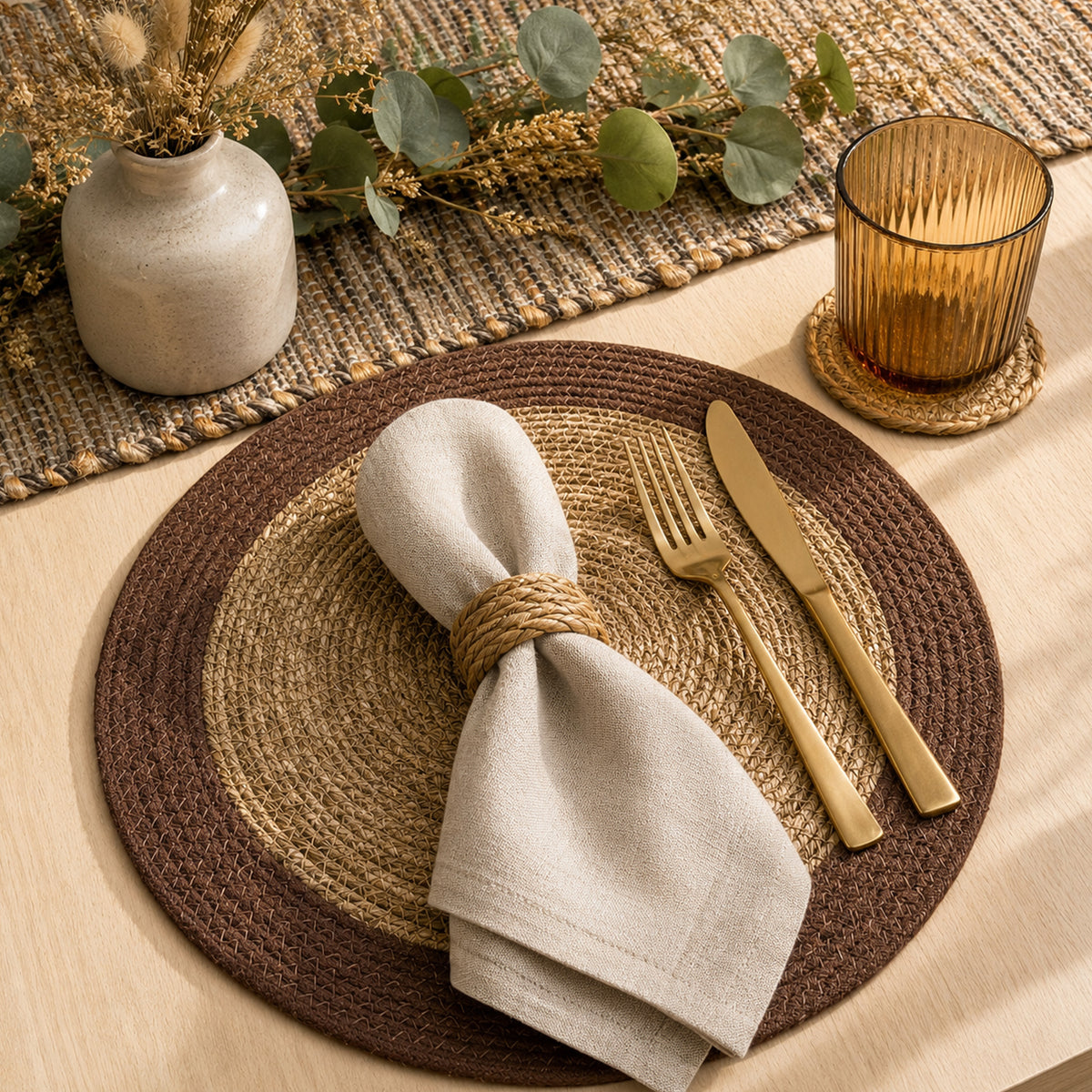 Seagrass Border Placemat Set of 4 - Natural-Brown, 14'' Rnd.