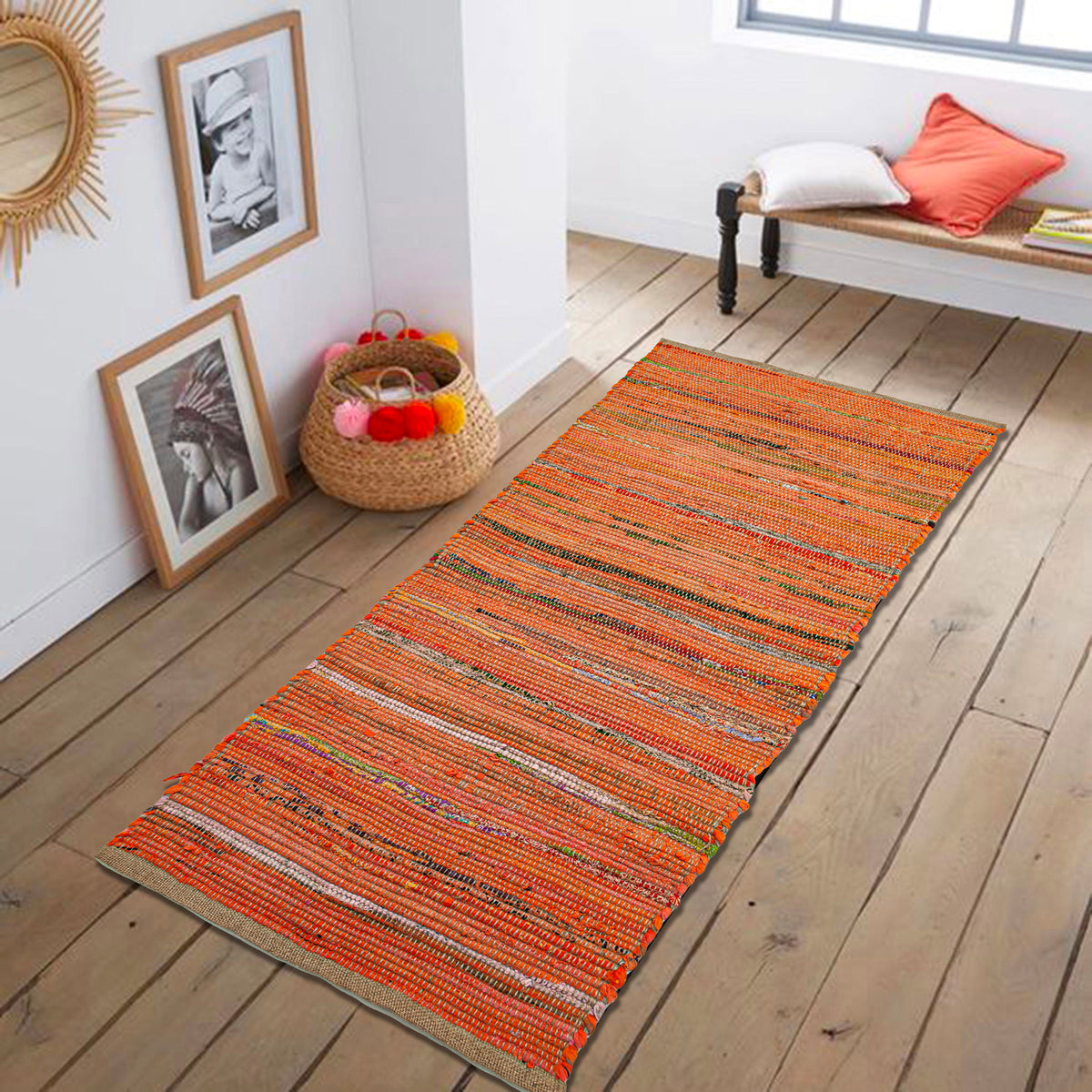 Orange Cotton Chindi W. Jute Runner - Orange/Jute, 2'x5'