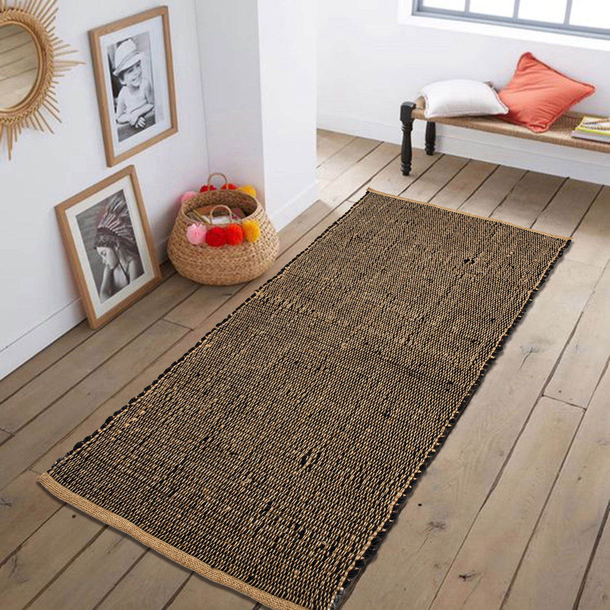Black Cotton Chindi W. Jute Runner - Black/Jute, 2'x5'