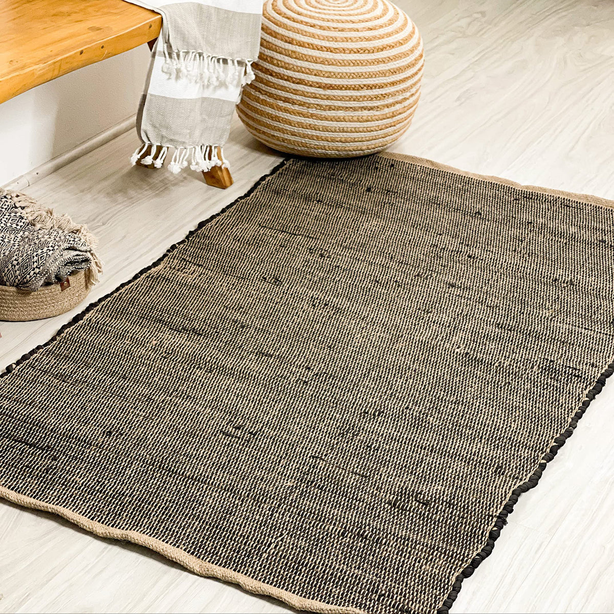 BLACK COTTON CHINDI W. JUTE RUG, BLACK-JUTE, 3' x5'.