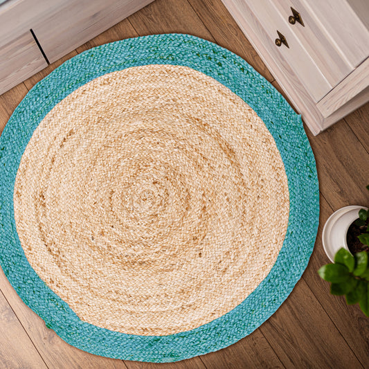 Verona Jute Border Round Rug - Natural/Teal Blue, 36" Rnd.