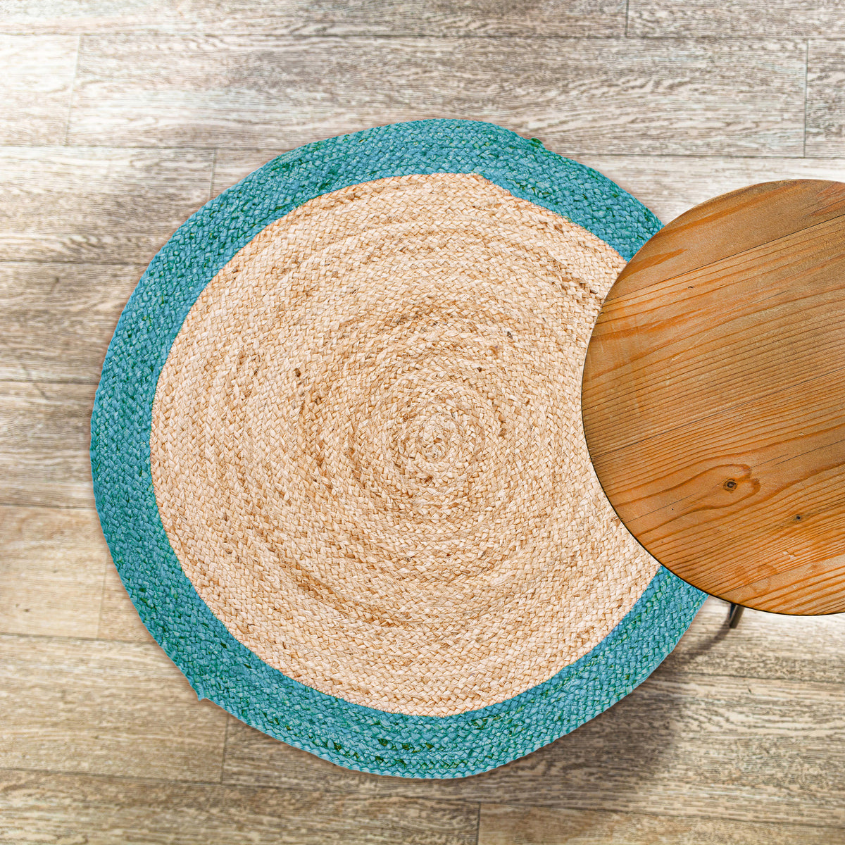 Verona Jute Border Round Rug - Natural/Teal Blue, 36" Rnd.