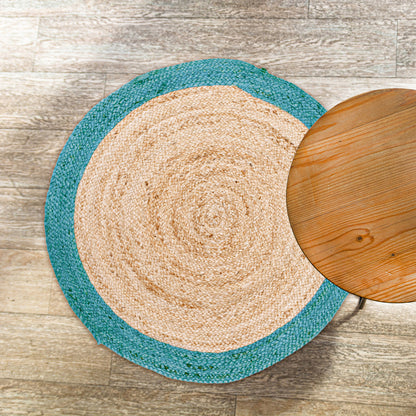 Verona Jute Border Round Rug - Natural/Teal Blue, 36" Rnd.