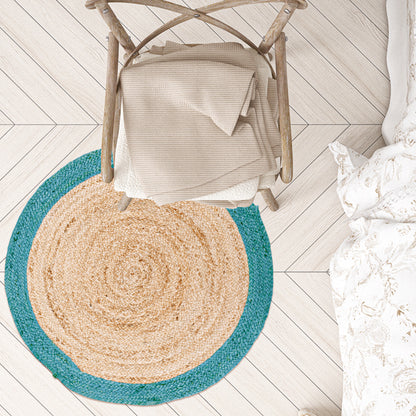 Verona Jute Border Round Rug - Natural/Teal Blue, 36" Rnd.