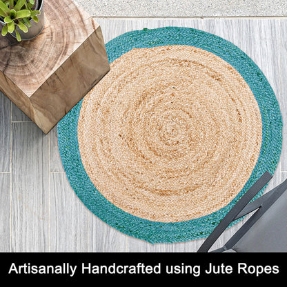Verona Jute Border Round Rug - Natural/Teal Blue, 36" Rnd.