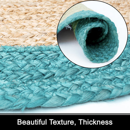 Verona Jute Border Round Rug - Natural/Teal Blue, 36" Rnd.