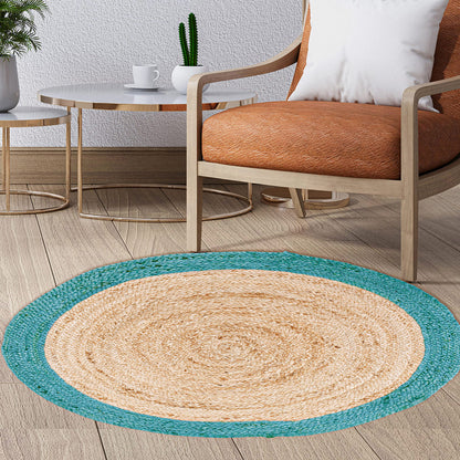 Verona Jute Border Round Rug - Natural/Teal Blue, 36" Rnd.