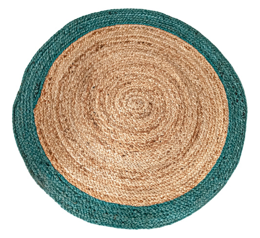 Verona Jute Border Round Rug - Natural/Teal Blue, 36" Rnd.