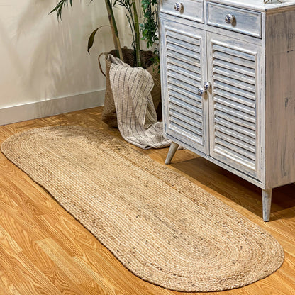BRAIDED JUTE OVAL RUNNER RUG, NATURAL JUTE, 2'x7'