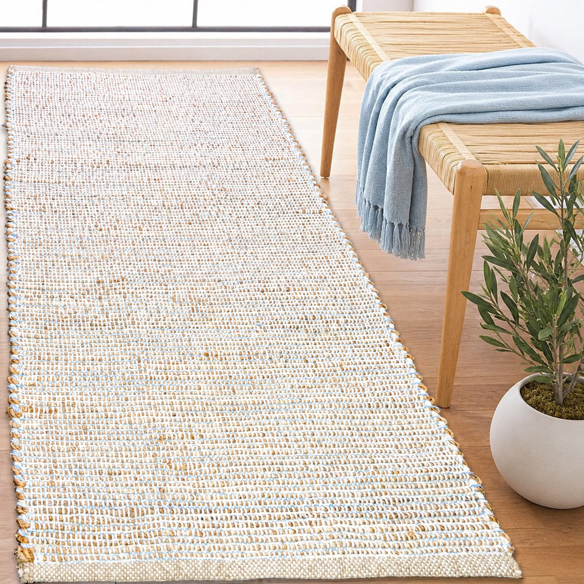 Jute Chindi Rug-Natural Jute-Coastal Blue-2'x5'.