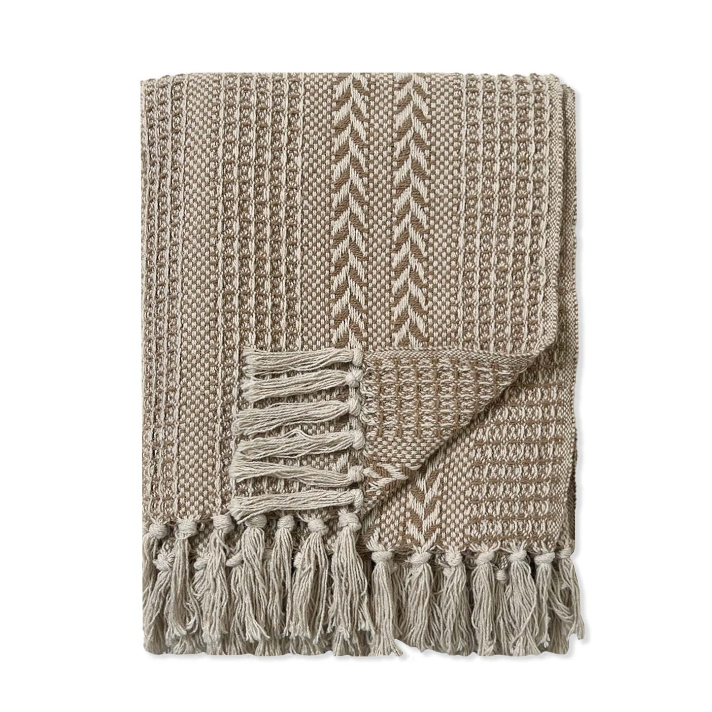 BRAIDED WAFFLE THROW, BEIGE-IVORY, 50''x60''