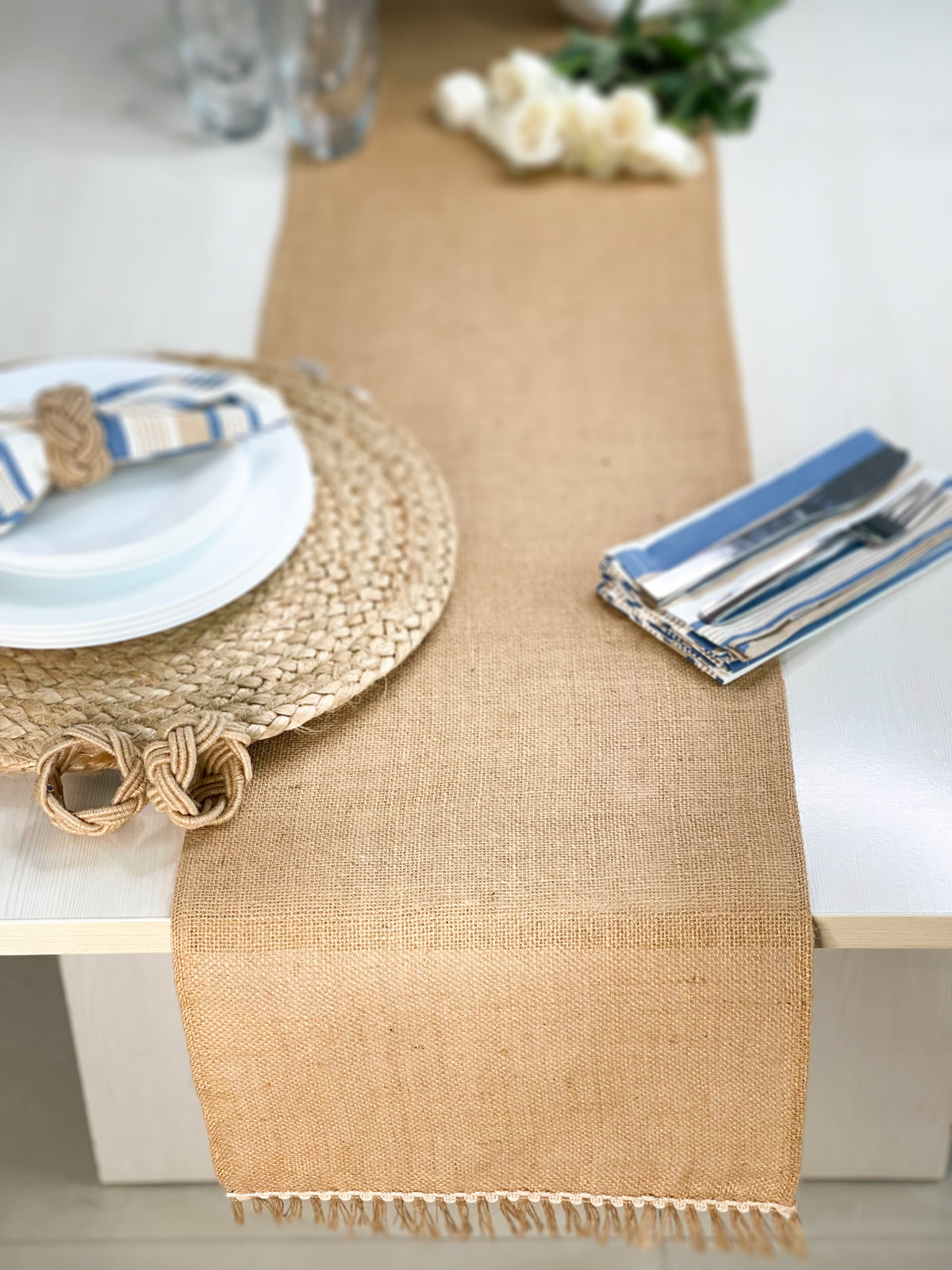 Burlap Lace Table Runner - Natural Jute, 13''x72''