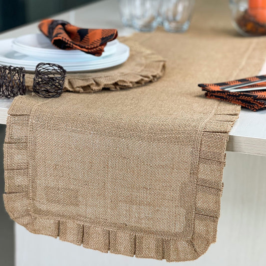 Burlap Ruffled Table Runner - Natural/Gold, 13''x72''