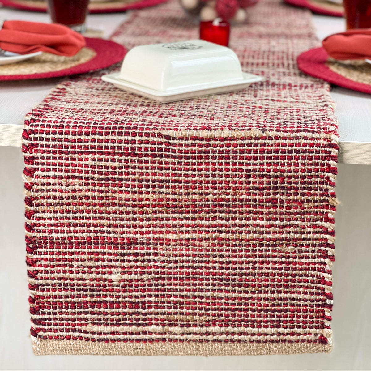 OMBRE TABLE RUNNER, NATURAL-RED, 13''x90''.