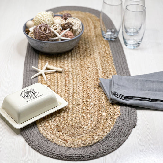 VERONA JUTE BORDER ROUND TABLE RUNNER-NAT-GREY, 13''x36''