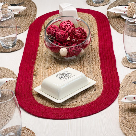 VERONA JUTE BORDER ROUND TABLE RUNNER-NAT-RED, 13''x36''