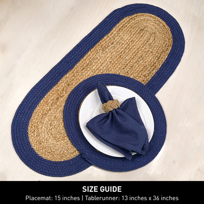 VERONA JUTE BORDER ROUND TABLE RUNNER-NAT-NAVY, 13''x36''