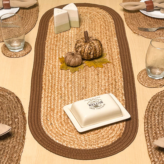 VERONA JUTE BORDER ROUND TABLE RUNNER-NAT-BROWN, 13''x36''